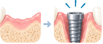 Gencive et os cicatrisés après l’extraction, puis implant posé quelques semaines plus tard