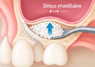 Sinus lift : le biomatériau est placé sous le sinus maxillaire pour augmenter le volume osseux